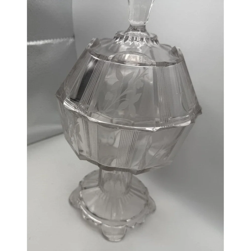 Antique EAPG Adams‎ & Co. Clear Ribbon #300 Covered Compote Floral Etched 1880s